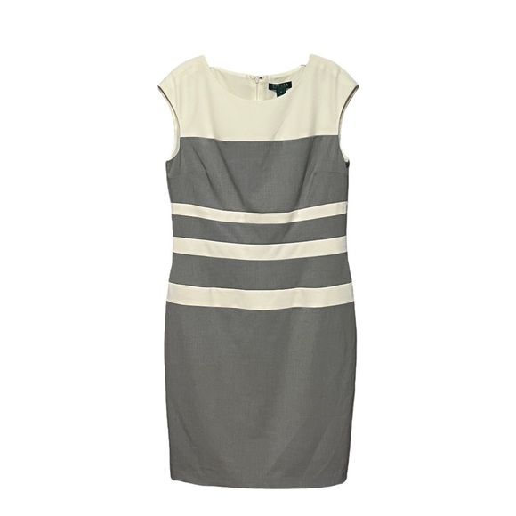 Lauren Ralph Lauren Color Block Sheath Dress Tin Ivory Classic Business Chic - Picture 1 of 8